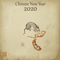 Chinese new year 2020 year of the rat vector illustration. Sketch rat and beans on old paper background and asian