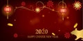 2020 Chinese New Year Rat zodiac sign. Red and gold festive background with rat