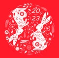 Chinese New Year 2023. Red Christmas bunnies. Symbol of new year according to eastern Royalty Free Stock Photo