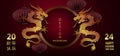 2024 Chinese New Year, red dark texture design with dragons, happy new year text