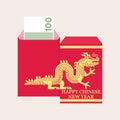 Chinese New Year red envelope with dragon silhouette. Vector illustration. Red packet with gold lanterns. Dragon sign