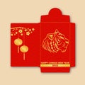 Chinese New Year red envelope flat icon. Vector illustration. Red packet with gold tiger and lanterns. Chinese New Year