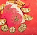 Chinese New year red envelope packet with gold ingots on red paper,Chinese Language on envelop mean Happiness Royalty Free Stock Photo