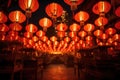 Chinese new year. Red chinese lantern in mid-autumn festival. Hanging paper lanterns glowing. Royalty Free Stock Photo