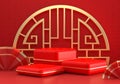 Chinese New Year red modern style three cube podium product showcase with golden ring and China pattern fans background. Holiday