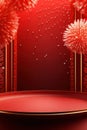 Chinese New Year red podium with fireworks and gift box products stand podium background AI Generated