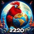 Chinese New Year of the Rooster. Beautiful red rooster on the background of the planet earth. AI Generated