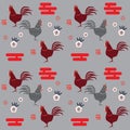 Chinese New Year Rooster seamless pattern, greeting card background, print, fabric, home decor. Royalty Free Stock Photo