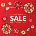 Chinese new year Sale banner with gold paper cut flower and coin on white china frame and sale text vector design