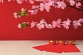 Chinese New Year Spring festival decorations pow or red packet and gold ingots or golden lump on a red background with plum Royalty Free Stock Photo