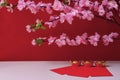 Chinese New Year Spring festival decorations pow or red packet and gold ingots or golden lump on a red background with plum Royalty Free Stock Photo