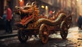 Chinese new year street procession with mythological character float, enhancing festive ambiance.