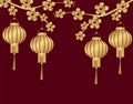 Chinese New Year. Stylized under the bronze Chinese lanterns on a cherry branch. From two sides. Round. illustration