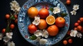 Chinese New Year Table Setting with Tangerines, Flowers, and Ornamental Dishes in Festive Tradition