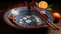 Chinese New Year Table Setting with Tangerines, Flowers, and Ornamental Dishes in Festive Tradition