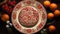 Chinese New Year Table Setting with Tangerines, Flowers, and Ornamental Dishes in Festive Tradition