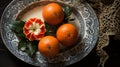 Chinese New Year Table Setting with Tangerines, Flowers, and Ornamental Dishes in Festive Tradition