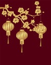 Chinese New Year. Three Chinese lanterns were stylized under bronze on a cherry branch. Round. illustration Royalty Free Stock Photo