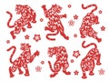 Chinese new year tiger. Asian horoscope animal, red decorative silhouettes in different poses, traditional graphics