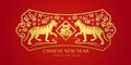 Chinese new year , year of the tiger with gold Two tiger zodiac facing fu word is mean good fortune in china frame on red china