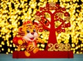 A Chinese New Year of tiger 2022 mascot and money tree paper cut with lights at background no logo no trademark