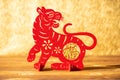 A Chinese New Year of tiger 2022 mascot paper cut on a wood table in the morning the Chinese means fortune no logo no trademark Royalty Free Stock Photo