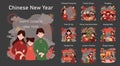 Chinese New Year tradition dark or night mode set. Cheerful asian family