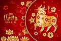 Chinese new year 2021. Traditional poster with red and gold ox, flower and asian elements, zodiac bull year oriental