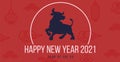 Chinese new year 2021 vector greeting card template. Banner for ox year illustration. Dark bull on red background