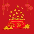 Chinese New Year vector illustration. fortune bag with peony flower embroidery and Chinese latter : lucrative wealthy