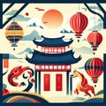 Chinese New Year vector illustration with traditional Chinese buildings and lanterns. Generative AI