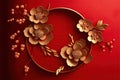 Chinese new year wallpaper with golden cherry blossom flowers on red background. Traditional symbol for lunar new year celebration