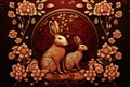 Chinese new year wallpaper with golden rabbit and cherry blossom flowers on red background. Traditional symbol for lunar new year