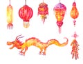 Chinese new year watercolor set. Sky lanterns, red paper oriental lamps hanging. Traditional festive dragon isolated Royalty Free Stock Photo