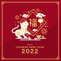 Chinese new year 2022 white and gold tiger sit with their front legs raised and firework, flower, money around on red background