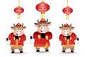 2021 Chinese new year year of the ox design with a little cow and 2 little kids greeting Gong Xi Gong Xi. Chinese translation
