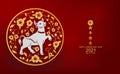 Chinese new year 2021 year of the ox , red paper cut ox character,flower and Asian elements with craft style on background.Chines