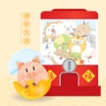 2019 Chinese New Year, Year of Pig Vector with cute piggy come out from gashapon with 12 chinese zodiac.