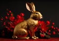 Chinese new year 2023 year of the rabbit. Gold bunny rabbit with red flowers. Generative ai