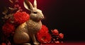 Chinese new year 2023 year of the rabbit. Gold bunny rabbit with red flowers. Generative ai