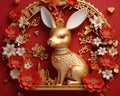 Chinese new year is the year of the rabbit Gold bunny rabbit with red flowers.