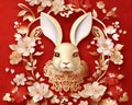 Chinese new year is the year of the rabbit Gold bunny rabbit with red flowers.
