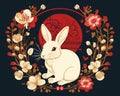 Chinese new year is the year of the rabbit Gold bunny rabbit with red flowers.