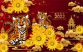 Chinese new year 2022 year of the tiger red and gold flower and asian elements paper cut with craft style on background. translat