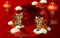 Chinese new year 2022 year of the tiger red and gold flower and asian elements paper cut with craft style on background. translat