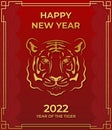 Chinese new year 2022. Year of the tiger. Silhouette of the head tiger in gold color on red background in paper cut style. Greetin Royalty Free Stock Photo