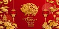 Chinese new year 2019 Zodiac sign with paper cut art and craft style on color Background.Chinese Translation : Year of the pig Royalty Free Stock Photo