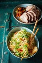 Chinese Noodle Bowl with Chopsticks and Roast Pork Royalty Free Stock Photo