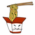 Chinese noodle in paper box and chopstick cartoon