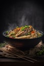 Chinese noodle soup with chicken and vegetables in a bowl on dark background Royalty Free Stock Photo